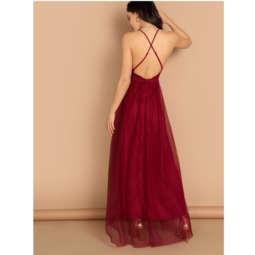 Burgundy Mesh Backless Maxi Dress V-Neck - Picture 2 of 6